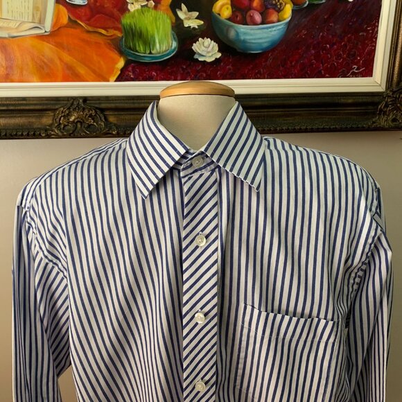 MICHAEL Michael Kors Men’s 16 1/2 Shirt Blue and White Stripes Button Down Long - Picture 3 of 9